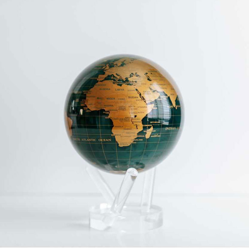 4.5" Gold terrestrial and dark green ocean MOVA Globe with base